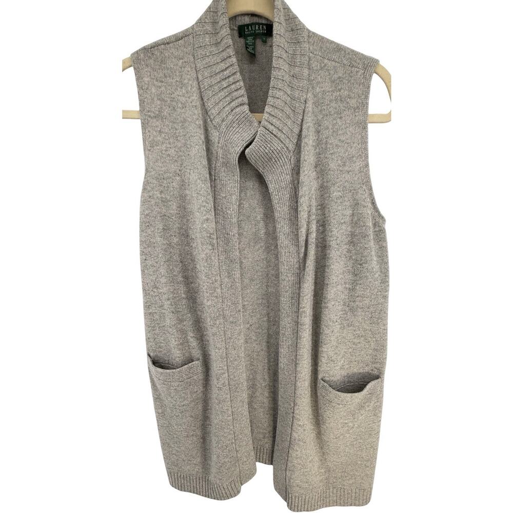Lauren Ralph Lauren 1X Gray Wool Cashmere Shawl Collar Sleeveless Cardigan Vest